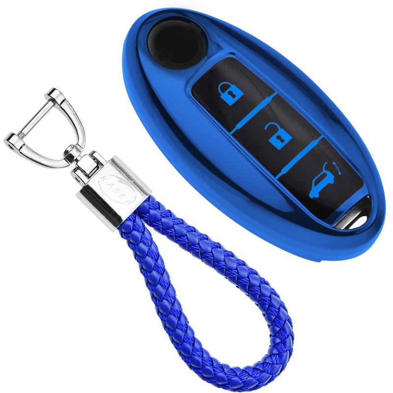 KASER Autoschlüssel Hülle kompatibel für Nissan Cover TPU Silikon Hochglanz Schutzhülle Schlüsselhülle Fernbedienung Keyless Qashqai Juke X-Trail Micra Murano Schlüsselbund (Blau) von Kaser