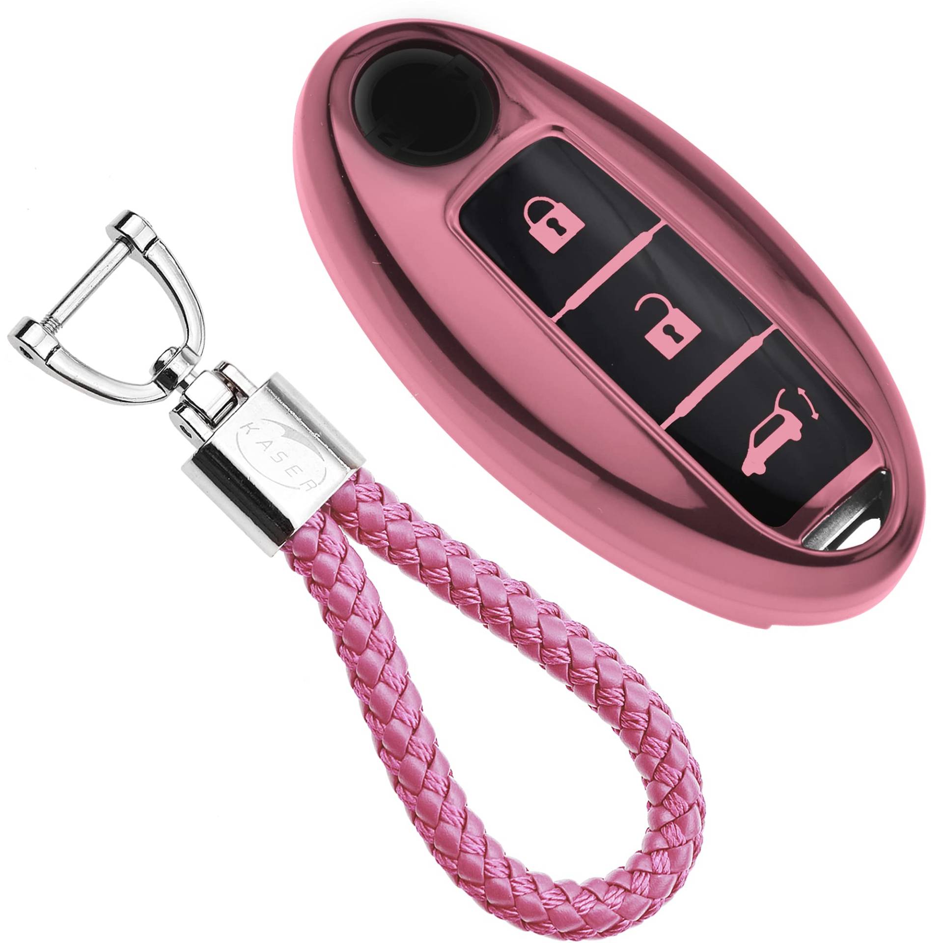 KASER Autoschlüssel Hülle kompatibel für Nissan Cover TPU Silikon Hochglanz Schutzhülle Schlüsselhülle Fernbedienung Keyless Qashqai Juke X-Trail Micra Murano Schlüsselbund (Pink) von Kaser