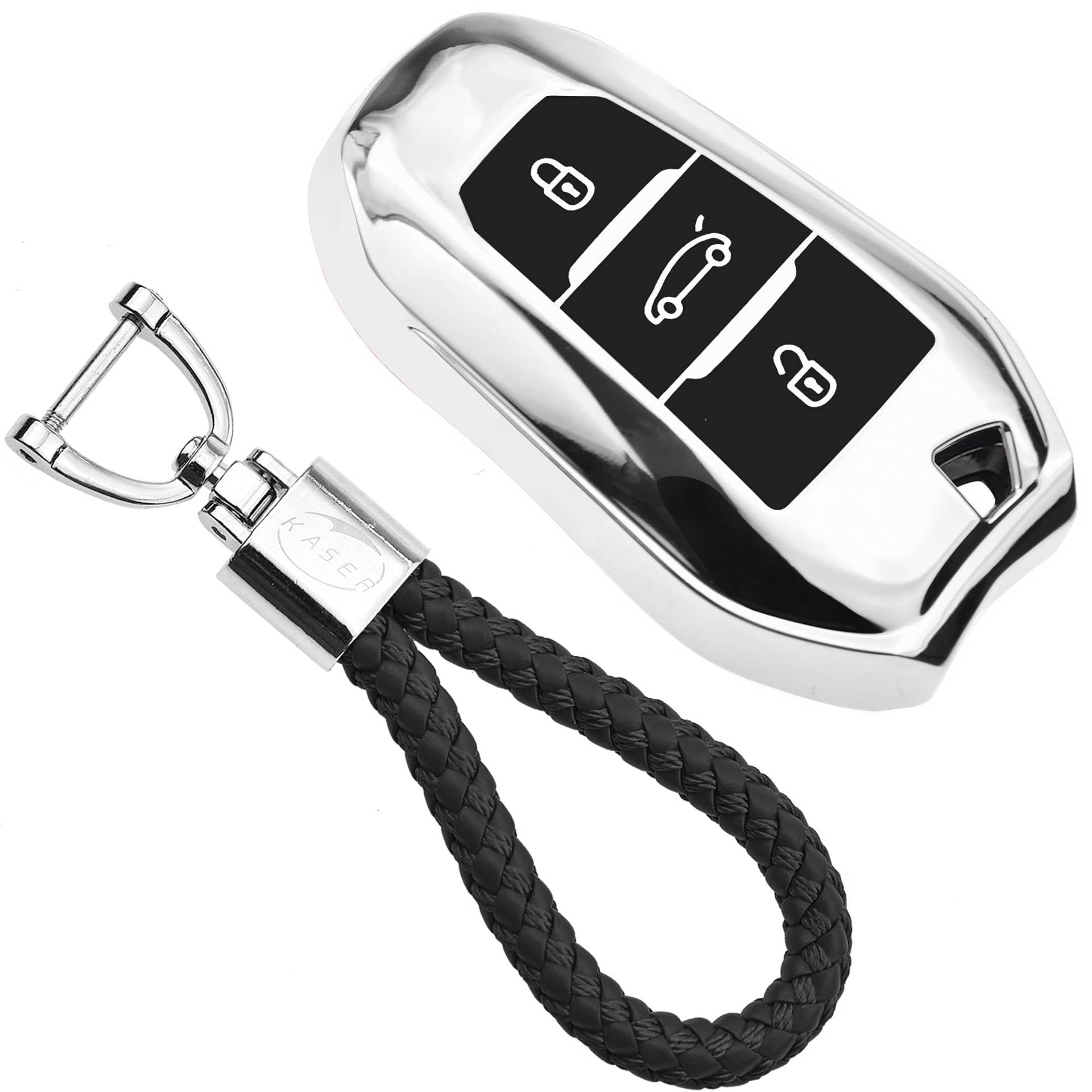 KASER Autoschlüssel Hülle kompatibel für Peugeot Citroen Cover TPU Silikon Hochglanz Schutzhülle Schlüsselhülle Fernbedienung Keyless 108 208 308 508 Citrone C1 C3 C5 Schlüsselbund (Silber) von Kaser