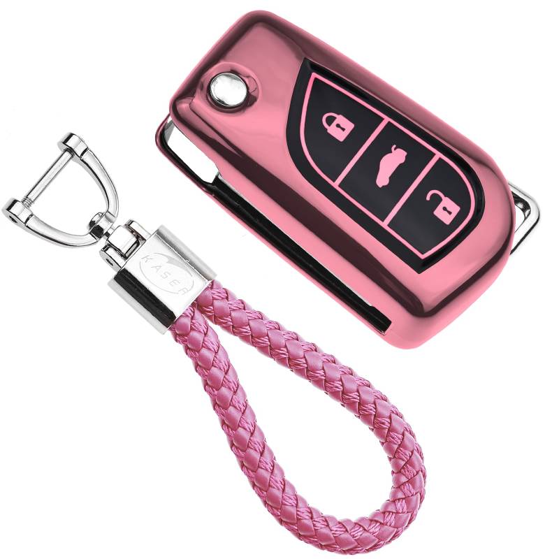 KASER Autoschlüssel Hülle kompatibel für Toyota Cover TPU Silikon Hochglanz Schutzhülle Schlüsselhülle Fernbedienung 3 Tasten Corolla RAV4 CH-R Yaris Schlüsselbund (Pink) von Kaser