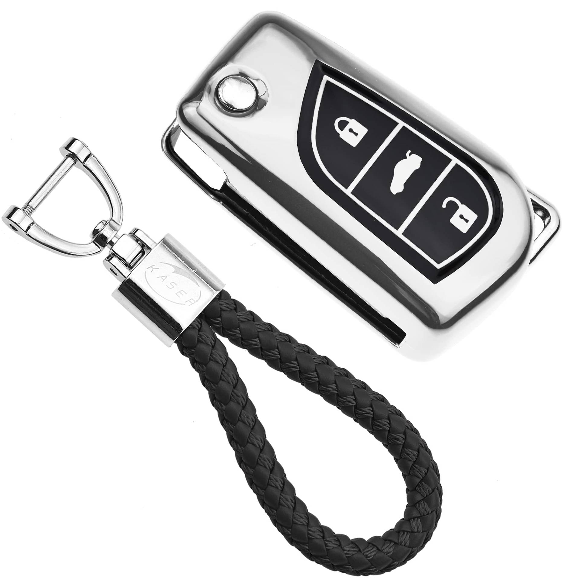 KASER Autoschlüssel Hülle kompatibel für Toyota Cover TPU Silikon Hochglanz Schutzhülle Schlüsselhülle Fernbedienung 3 Tasten Corolla RAV4 CH-R Yaris Schlüsselbund (Silber) von Kaser