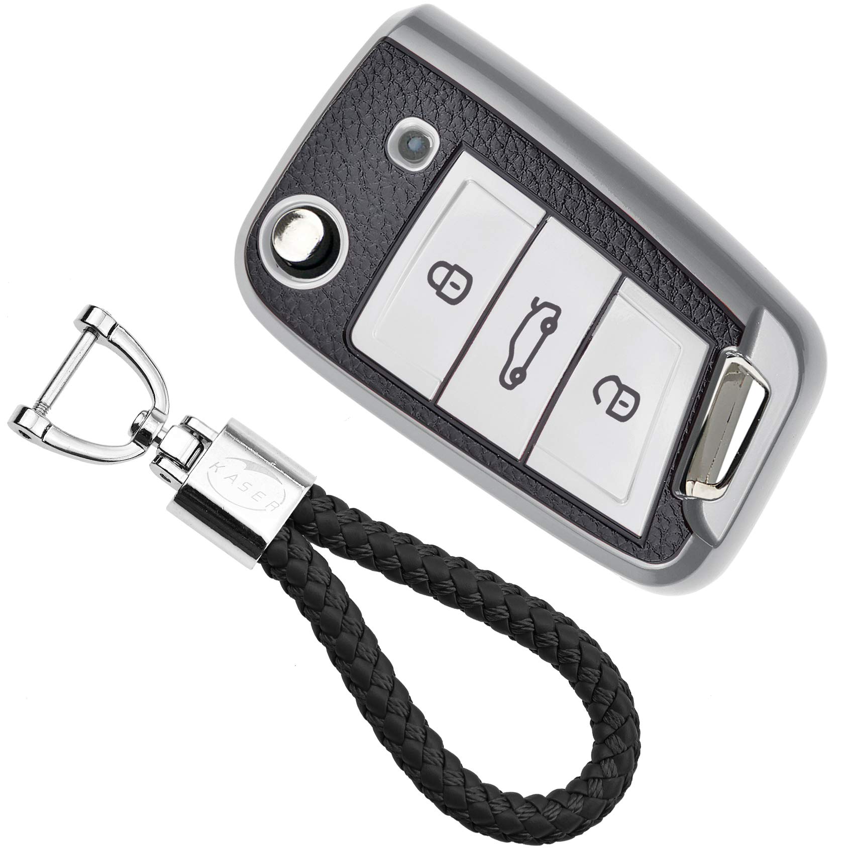 KASER Autoschlüssel Hülle kompatibel für Volkswagen VW Golf 7 Seat Ibiza Leon Skoda Octavia Schlüsselanhänger Abdeckung Silikon Schutzhülle Ledereffekt (Silber) von Kaser