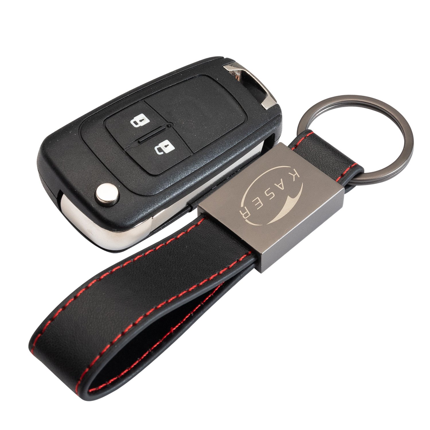 KASER Schlüssel Gehäuse Fernbedienung für Chevrolet 2 Tasten Autoschlüssel Funkschlüssel Cruze Aveo Spark Captiva Matiz mit Leder Schlüsselanhänger von Kaser