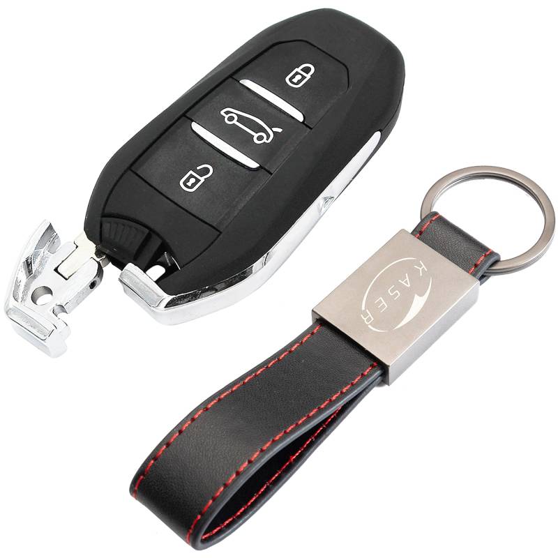 KASER Schlüssel Gehäuse Fernbedienung kompatibel für Peugeot 208 2008 301 308 508 5008 per Citroen Elysee C4-Cactus DS4 DS5 3 Tasten Funkschlüssel mit Leder Schlüsselanhänger von Kaser