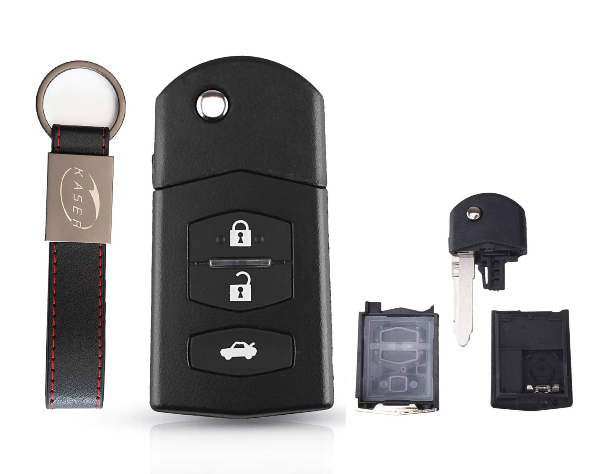 KASER Schlüsselgehäuse für Mazda 2, 3, 5, 6, RX8, MX5, 3 Tasten, komplett mit Schlüsselanhänger (kleines Batteriegehäuse) von Kaser
