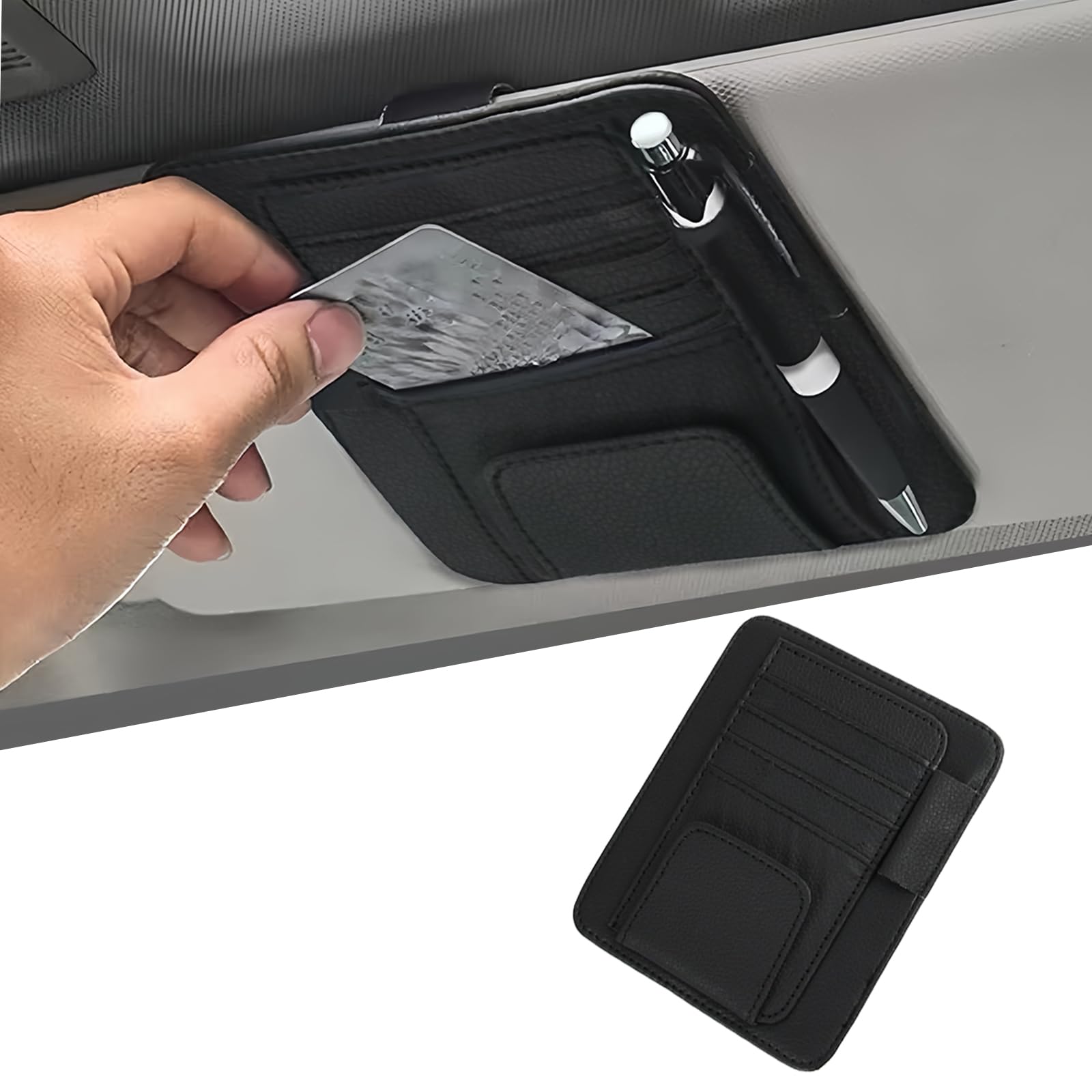 Auto Sonnenblende Organizer, PU Leder Multifunktionaler Karten und Brillenhalter Clip, Aufbewahrungstasche für Sonnenbrille, Stifte, Visitenkarten, Schwarz Auto Sonnenblende Organizer, PU Leder Multifunktionaler Karten und Brillenhalter Clip, Aufbewahrungstasche für Sonnenbrille, Stifte, Visitenkarten, Schwarz von Kaslaider