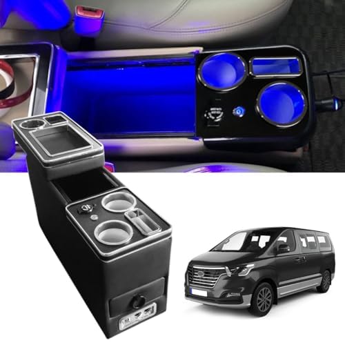 Katsiro Mittelkonsole Auto mit Ablagen Organizer kompatibel mit VW T5 T6 T6.1, Mittelkonsolen Box Universal mit Getränkehalter, USB-Anschluss, LED-Leuchten, Zigarettenanzünder von Katsiro