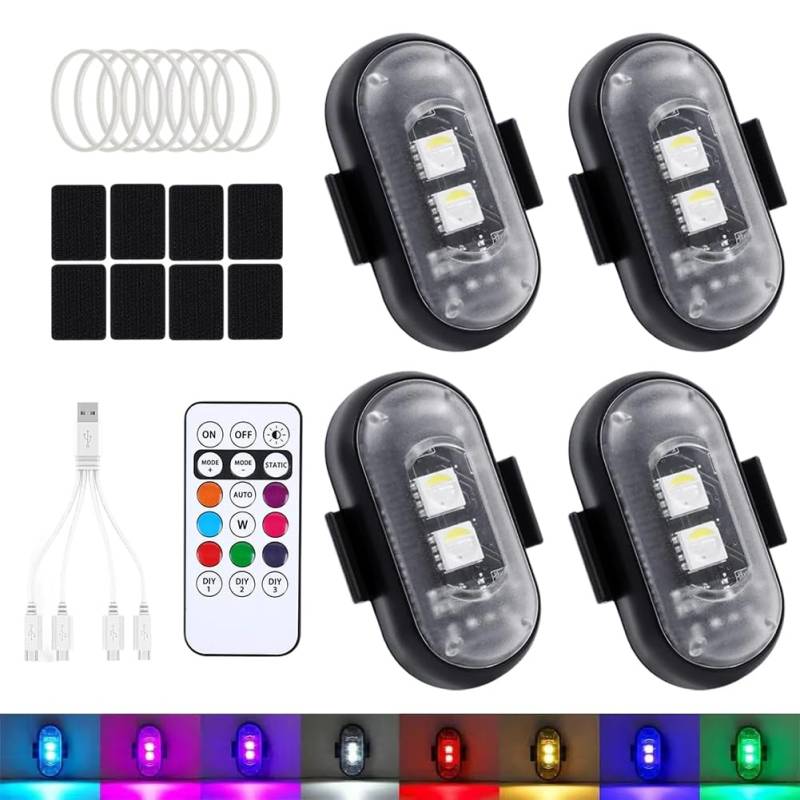 4 Stück Auto Fernbedienung Blitzlicht - LED-Blitzlichter, Led Aircraft Strobe Lights mit Fernbedienung, Drone Night Light mit USB-Aufladung für Motorrad, Auto, Drohne, Fahrrad, LKW, 8 Farben + 10 Modi von Kayuneed