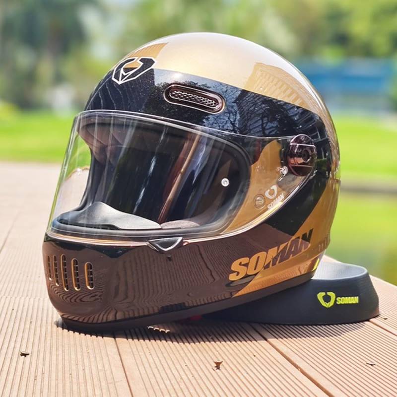 Vintage Integralhelm Für Motorradfahrer Im Retro Stil, Fiberglas, Cruiser Scooter Integralhelm Mit Visier, ECE Zertifizierung D,X-Large von Kcolic