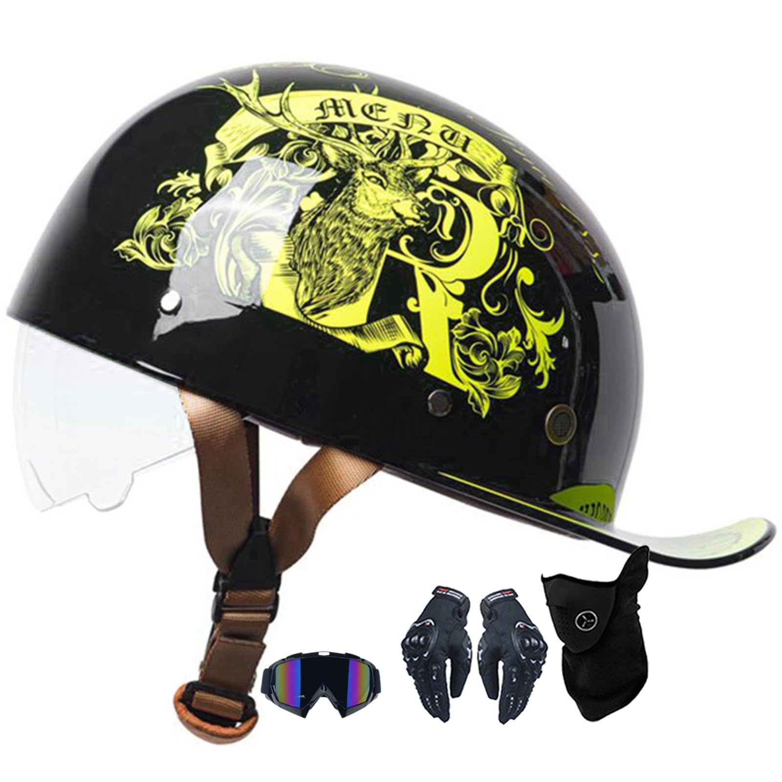 Vintage Motorrad Baseball Cap Halbhelme, Retro Jethelm Halbschalenhelm Mit ECE Zulassung Mit Schnellverschluss Moped Halbschale Scooter-Helm G,XL=59-60CM von Kcolic