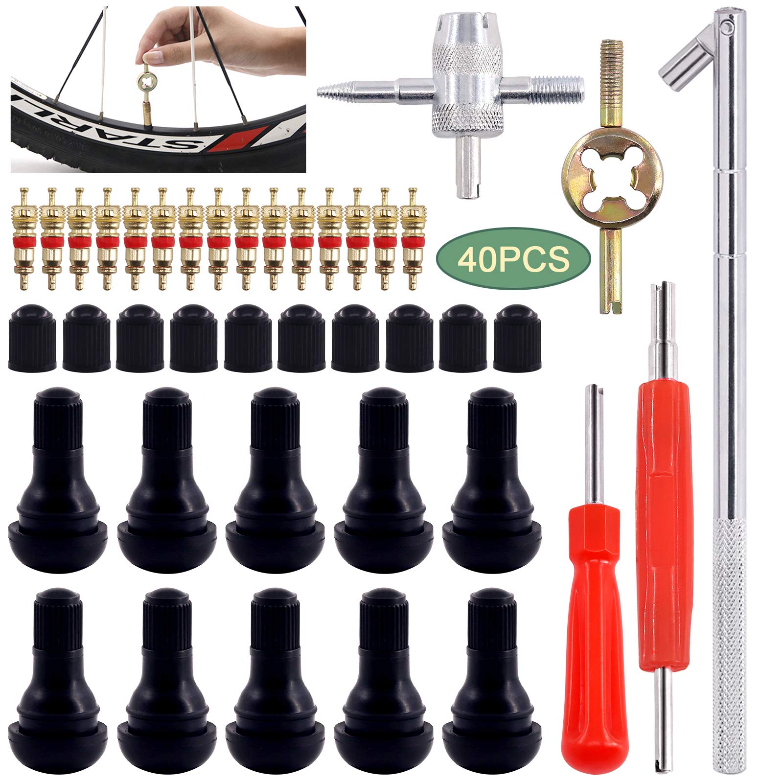 Keadic 40Pcs Tire Valve Core Removal Repair Tools Set, Includes TR412 Snap-in Valve Stems & Caps with Valve Stem Cores, 4 Way Valve Core Remover Installer Tool & Dual Single Head Valve Core Remover von Keadic