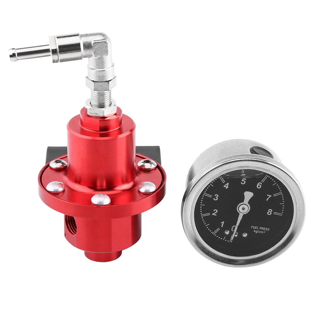 Keenso Auto Kraftstoffdruckregler, Universal Aluminium Einstellbarer FPR-Kraftstoffdruckregler mit Manometer(Rot) Kraftstoffventile und Zubehör von Keenso