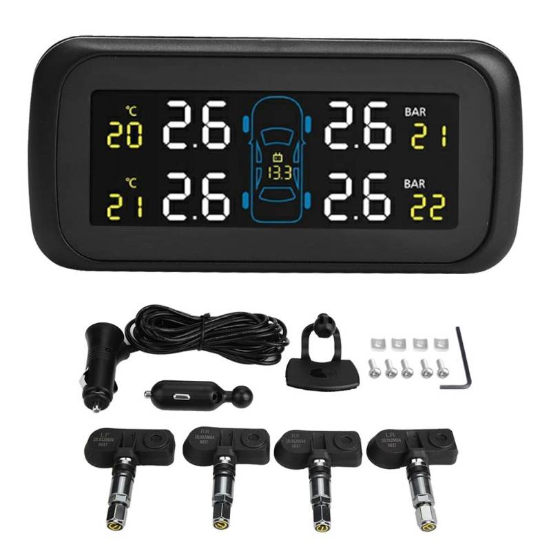 Keenso TPMS Reifenüberwachungsset, Auto TPMS Reifendruckkontrollsystem LCD Zigarettenanzünder USB 4 Interner Sensor Reifendruckkontrollsystem Radteile von Keenso