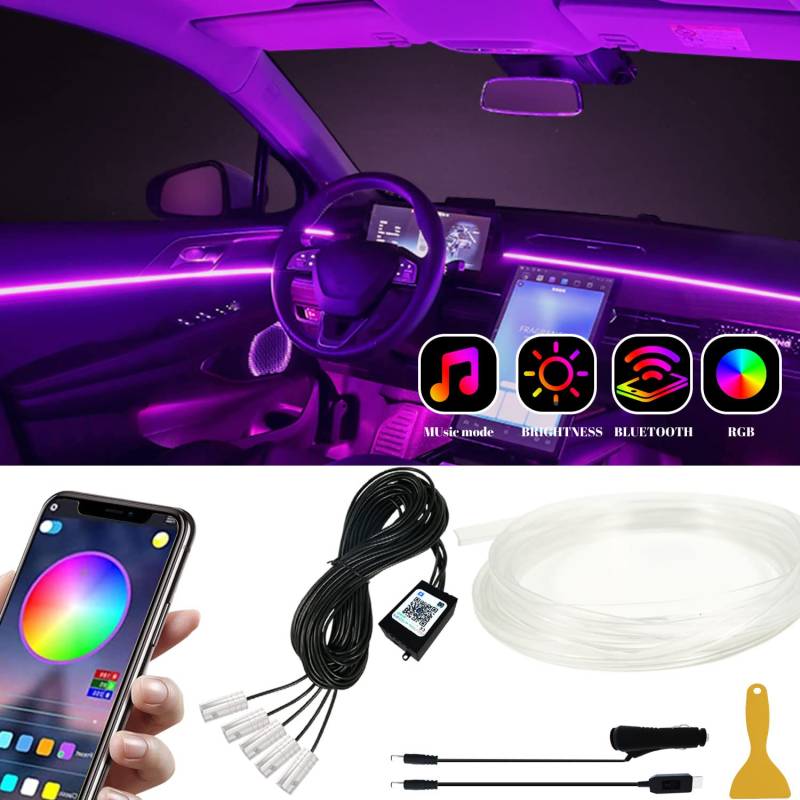 Auto-LED-Innenstreifen, App-Steuerung, Auto-Armaturenbrett-Lichtstreifen, Umgebungsbeleuchtung, 5-in-1 mit 6 m Glasfaser, RGB, 16 Millionen Farben, Auto-Verkleidung, Nähkanten-Dekoration von Keiurot