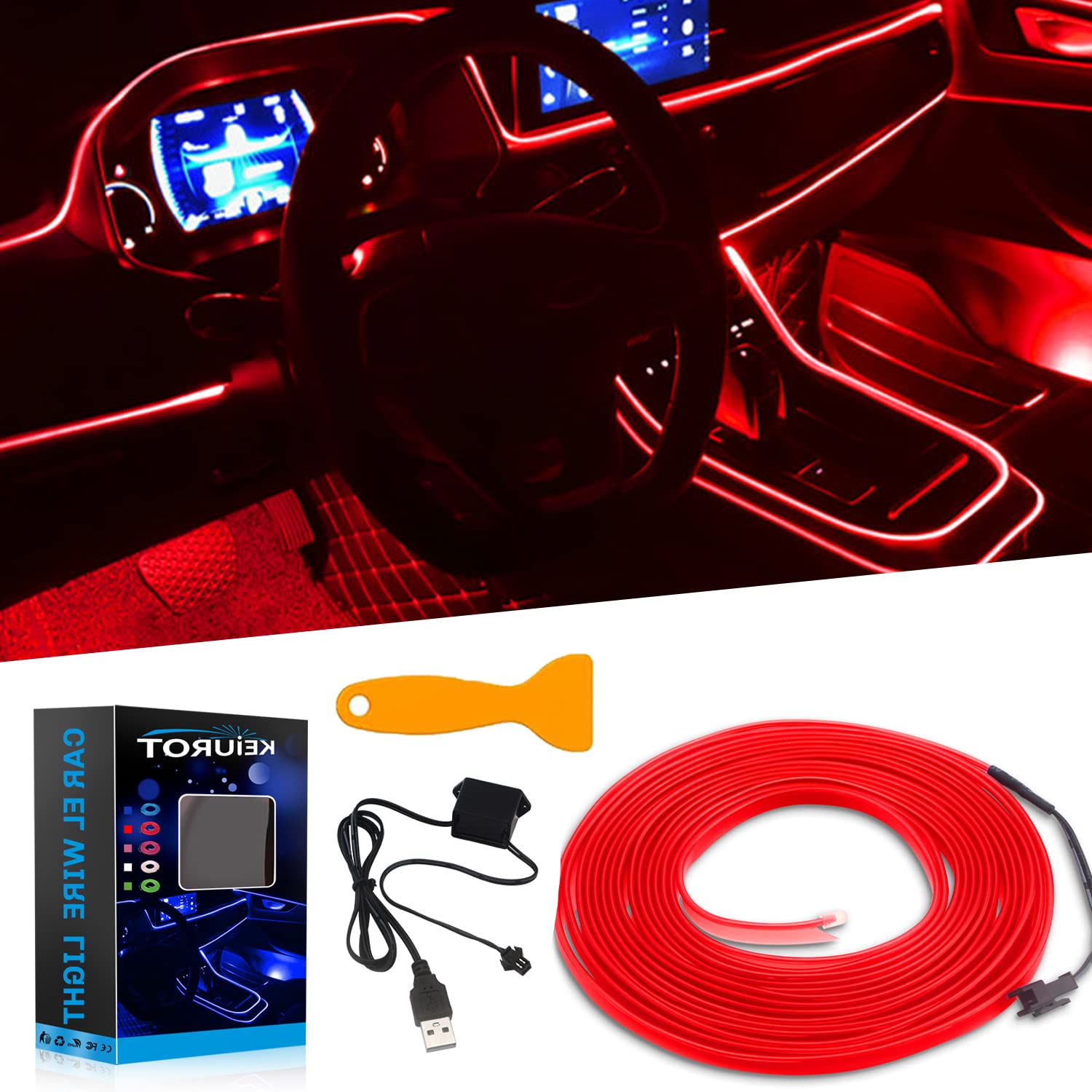 Keiurot EL Wire Auto-Lichter USB Neonlicht für Auto, Rot, 5 m, Ambientebeleuchtung, Atmosphäre, Auto-LED-Innenstreifen, Lichtleiste, Nähkanten, Dekoration, Autoverkleidung, LED-Beleuchtung von Keiurot