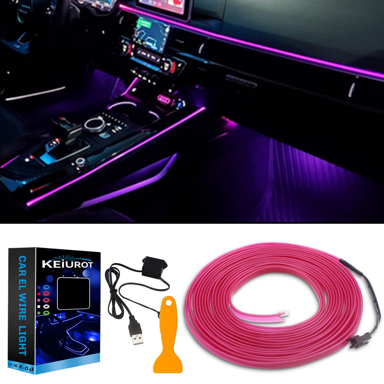 Keiurot El Wire Car Lights USB Neon Light for Car Purple 5M/16Ft Car Ambient Lighting Atmosphere Car Led Interior Strip Light Sewing Edge Decoration Dashboard Lights Strip Car Trim Led Lighting von Keiurot