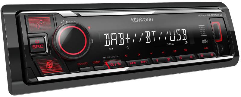 Kenwood KMM-BT408DAB - USB-Autoradio mit DAB+ & Bluetooth Freisprecheinrichtung (Soundprozessor, USB, AUX, 1 x Pre-Out 2.5 V, 4 x 50 Watt, Tastenbeleuchtung rot, inkl. DAB+ Antenne) von Kenwood
