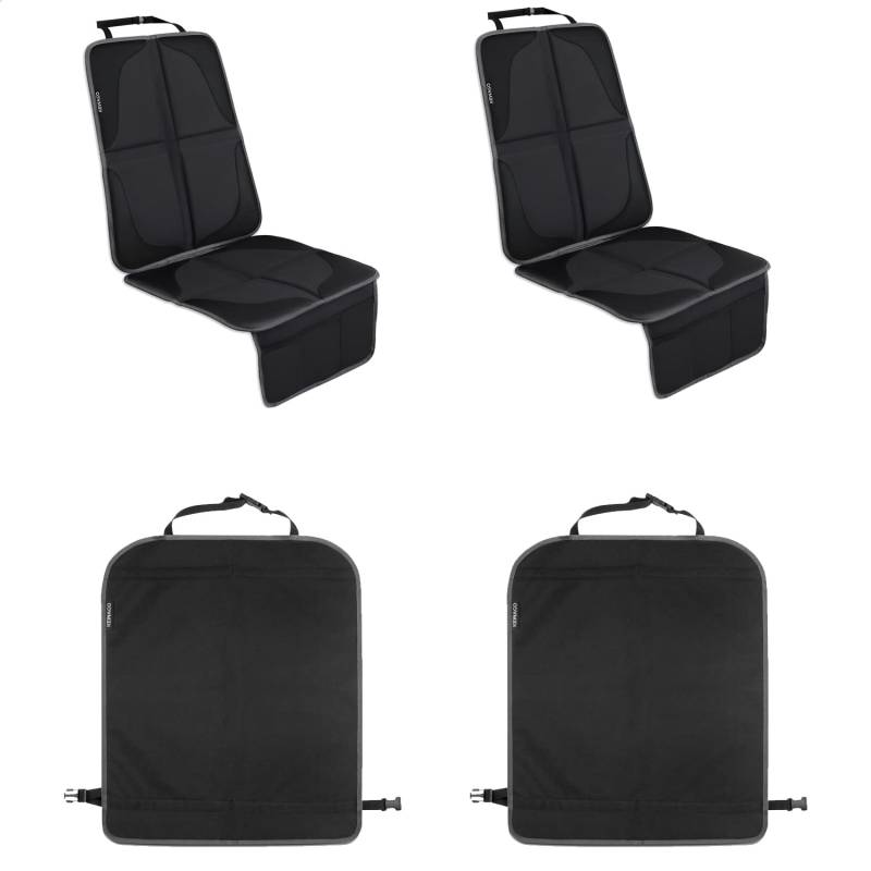 Kewago Sitzschoner Auto Kindersitz - Kindersitzunterlagen und Auto Rückenlehnenschutz im Set - Design in Schwarz Grau - Rücksitzschoner Sitzunterlage ISOFIX geeignet von Kewago