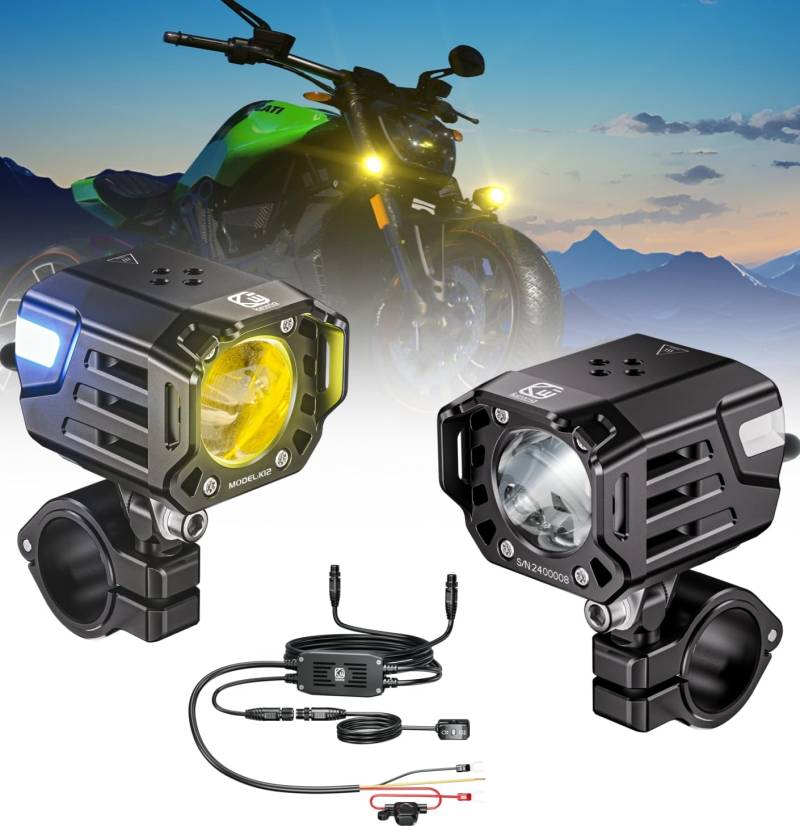 Kewig Motorrad LED Nebelscheinwerfer 60W Bernstein/Gelb Weiß Zweifarbige Zusatzscheinwerfer, Nebelscheinwerfer mit Kabelbaum, wasserdicht, Offroad-Arbeitsscheinwerfer, kompatibel mit Motorrad Auto SUV von Kewig