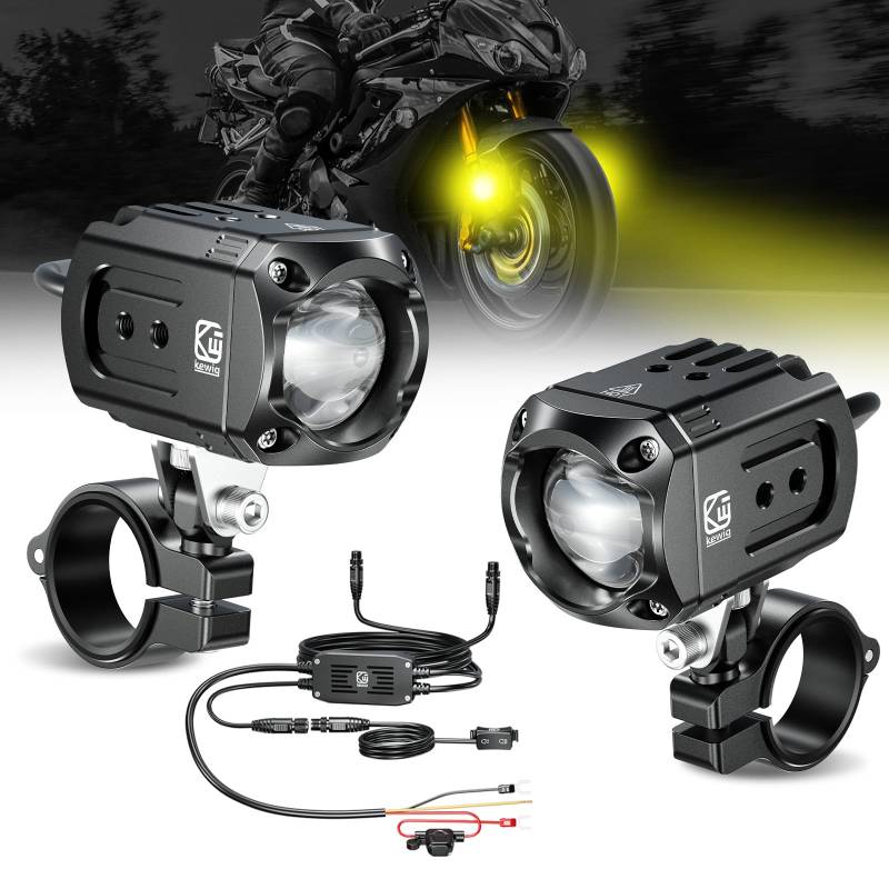 Kewig Motorrad LED Zusatz Licht 60W Bernstein/Gelb Weiß Zweifarbige Zusatzscheinwerfer, Nebelscheinwerfer mit Kabelbaum, Offroad-Arbeitsscheinwerfer, kompatibel mit Motorrad J-eep, SUV(Black) von Kewig