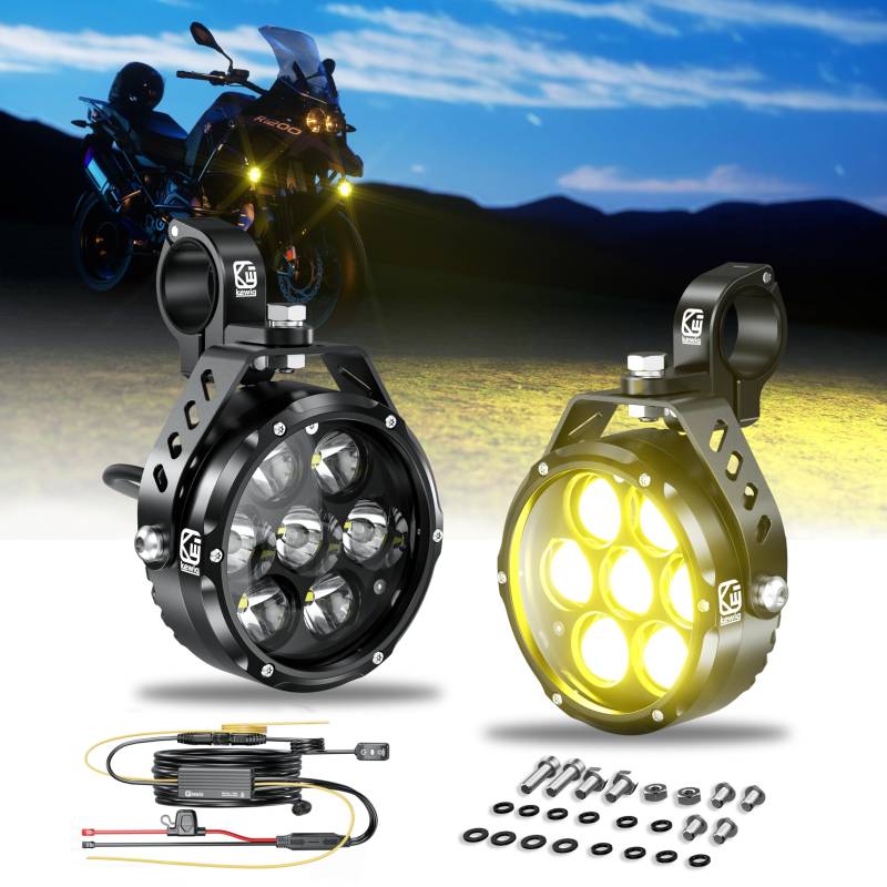 Kewig Motorrad LED Zusatz Licht 90W Bernstein/Gelb Weiß Zweifarbige Zusatzscheinwerfer, Nebelscheinwerfer mit Kabelbaum, Offroad-Arbeitsscheinwerfer, kompatibel mit Motorrad J-eep, SUV von Kewig