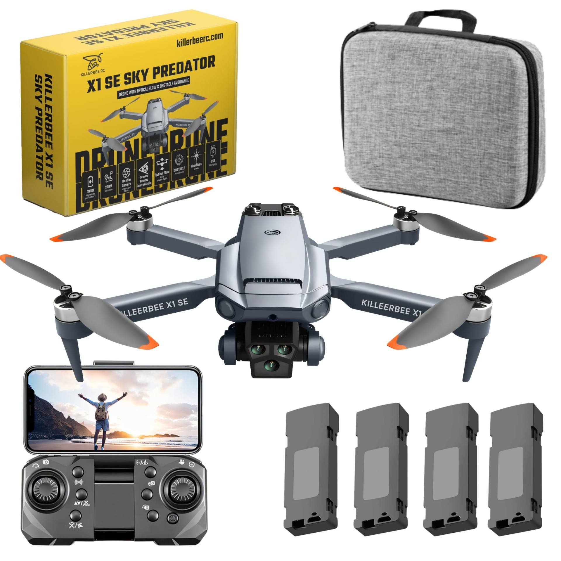 Killerbee X1 SE Sky Predator - Drohne mit Dual-Kamera - Geeignet für Kinder und Erwachsene - Bürstenlose Motoren - Ultra Fly More Combo - 48 Minuten Flugzeit - Inklusive Tasche und 4 Batterien Killerbee X1 SE Sky Predator - Drohne mit Dual-Kamera - Geeignet für Kinder und Erwachsene - Bürstenlose Motoren - Ultra Fly More Combo - 48 Minuten Flugzeit - Inklusive Tasche und 4 Batterien von Killerbee RC