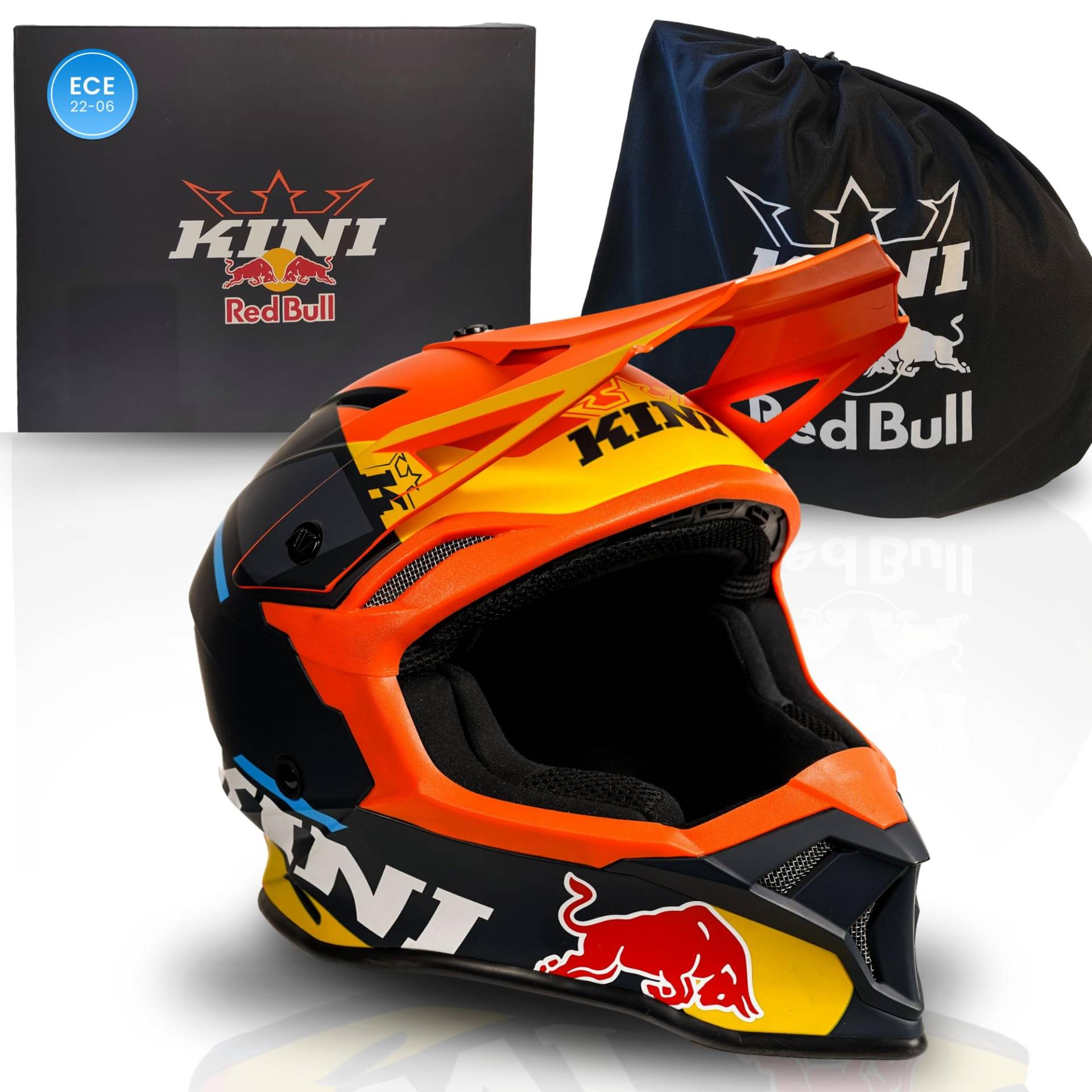 Kini Red Bull Motocross Helm Herren [Premium] Geprüfter Motorradhelm für Renneinsatz - Crosshelm auch als Enduro Helm Downhill Helm einsetzbar - Motocross Helm Brillenträger geeignet (L, Flash Helm) von Kini