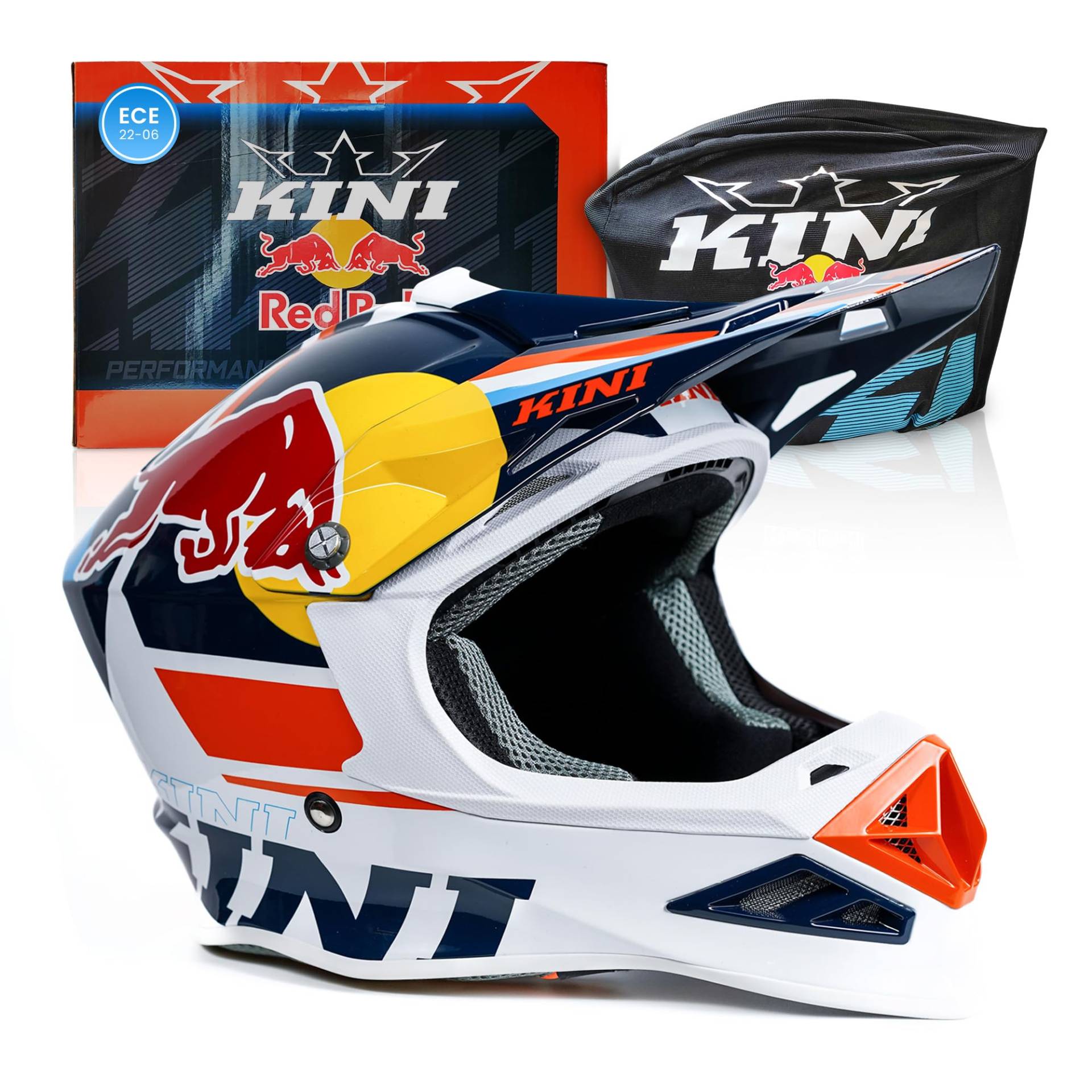 Kini Red Bull Motocross Helm Herren [Premium] Geprüfter Motorradhelm für Renneinsatz - Crosshelm auch als Enduro Helm oder Downhill Helm einsetzbar - Motocross Helm für Brillenträger geeignet XL von Kini