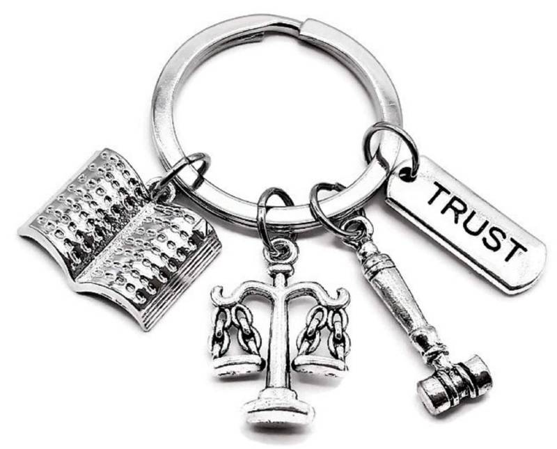 Kit's Kiss Schlüsselanhänger für Rechtsanwälte, Rechtsanwalt, Rechtsbuch, Gerechtigkeitshammer, Vertrauen, Studenten, Geschenk, Silber, 3 cm Durchmesser von Kit's Kiss
