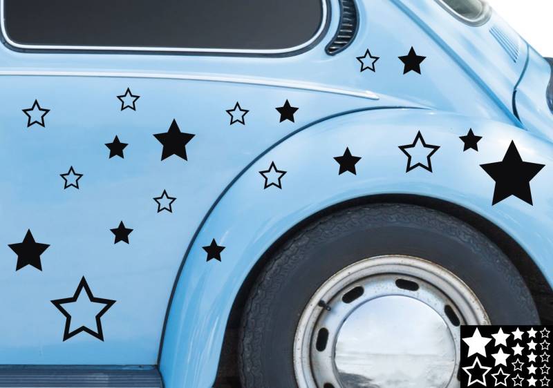 kleb-drauf® - 19 Sterne/Weiß - glänzend - Aufkleber zur Dekoration von Autos, Motorrädern und Allen Anderen glatten Oberflächen im Außenbereich; aus 19 Farben wählbar; in matt oder glänzend von kleb-drauf.de