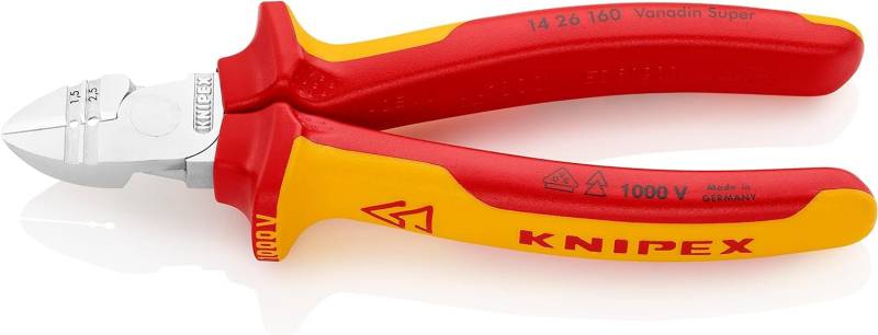 Knipex Abisolier-Seitenschneider verchromt, isoliert mit Mehrkomponenten-Hüllen, VDE-geprüft 160 mm (SB-Karte/Blister) 14 26 160 SB von Knipex