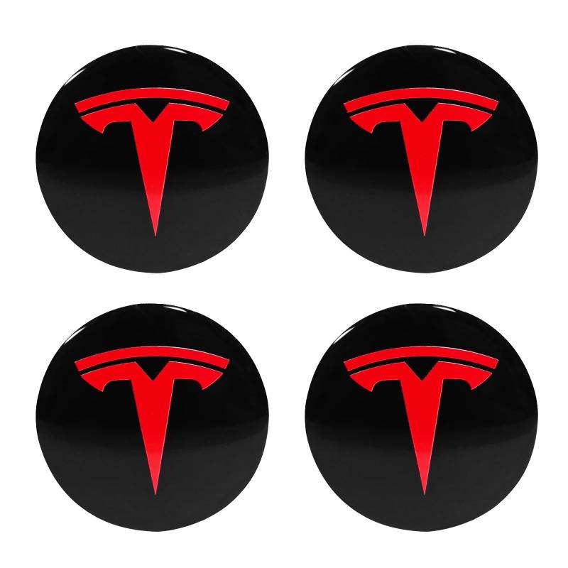 Knomix 4 Stück Aluminium wasserdichte Radabdeckung Center Emblem Aufkleber für Tesla Model 3 Model Y 56 mm Radkappen Felgenabdeckung (schwarzer Hintergrund + rotes Emblem) von Knomix