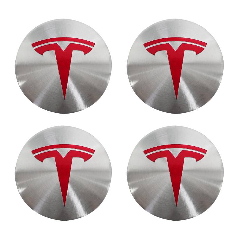 Knomix 4 Stück Aluminium wasserdichte Radabdeckung Center Emblem Aufkleber für Tesla Model 3 Model Y 56 mm Radkappen Felgenabdeckung (silberner Hintergrund + rotes Emblem) von Knomix