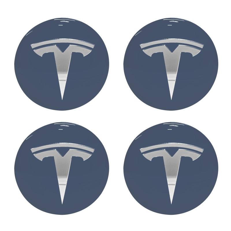 Knomix 4 Stück Aluminium wasserdichte Radabdeckung Center Emblem Aufkleber für Tesla Model 3 Model Y 56 mm Radkappen Felgenabdeckung (staubiger blauer Hintergrund + Silber) von Knomix