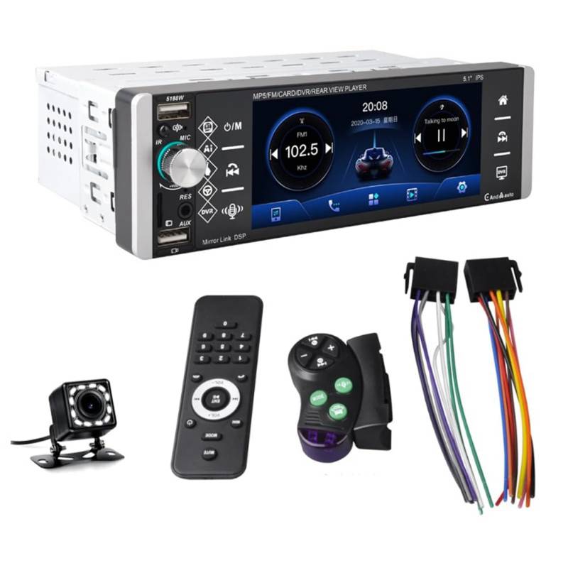 Knoruley Einzel-Din-Touchscreen-Autoradio, Kabelloses CarPlay, Android Auto, 5,1-Autoradio, Bluetooth, FM, SWC, USB-Rückfahrkamera von Knoruley