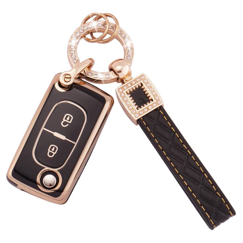 Koaudb Autoschlüssel Hülle Cover Passt für Peugeot 107 207 307 307S 308 407 607 807 Citroen C2 C3 C4 C5 C6 C8 2 Tasten Schlüsseletui TPU Schlüsselhülle mit Lederanhänger Schlüsselanhänger (BP-Pgt-2F) von Koaudb