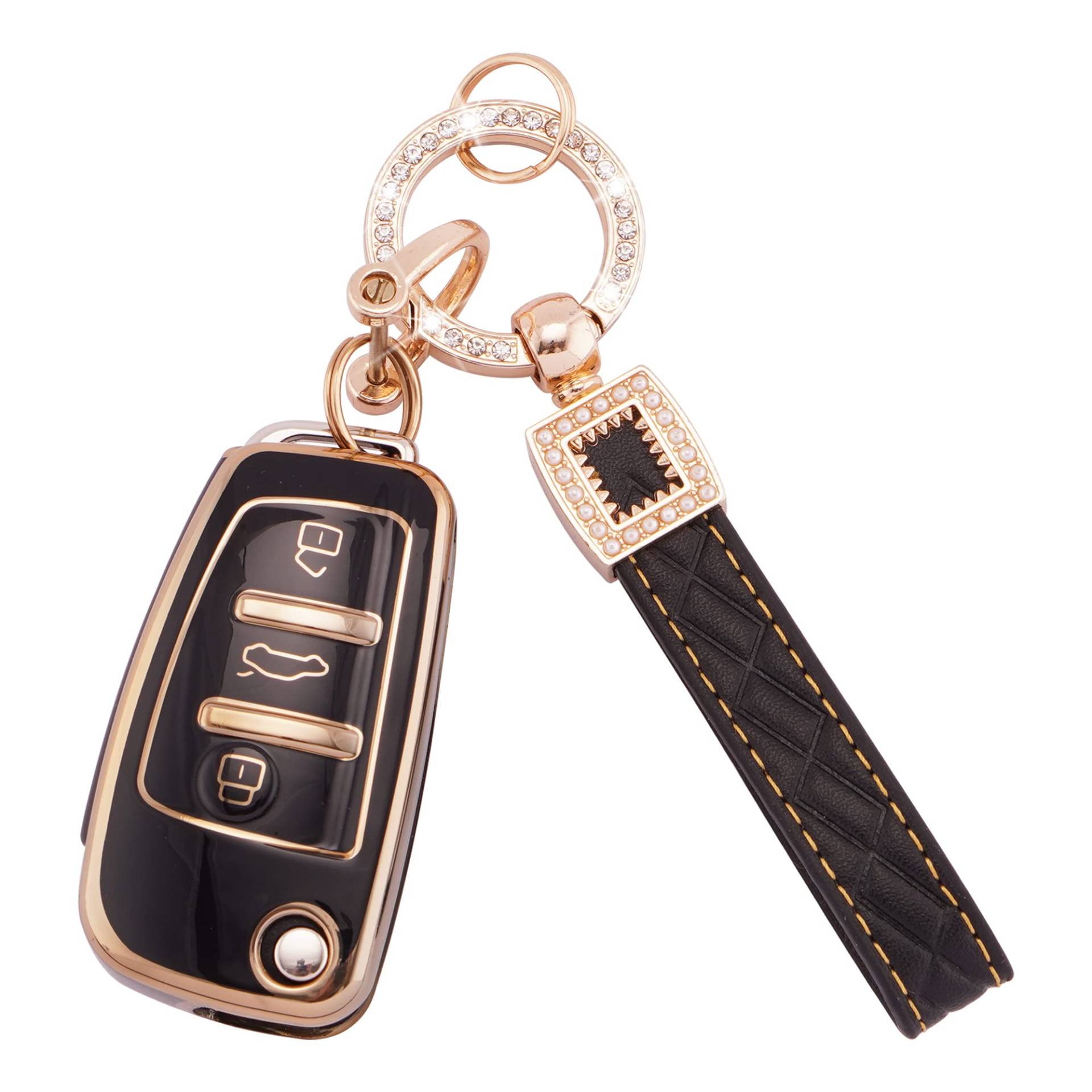 Koaudb Autoschlüssel Hülle Cover Passt für Audi A1 A3 A4 A6 A8 Quattro Q2 Q3 Q7 S3 S6 RS3 RS6 R8 TT TTS, 3 Tasten Schlüsseletui TPU Schlüsselhülle mit Lederanhänger Schlüsselanhänger (BP-Ad-3) von Koaudb