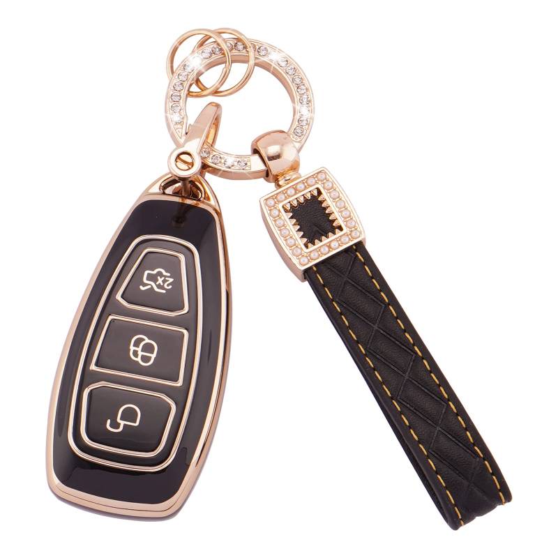 Koaudb Autoschlüssel Hülle Cover Passt für Ford Fiesta Focus C-Max Galaxy B-Max Grand C-Max Kuga Mondeo S-Max 3 Tasten Schlüsseletui TPU Schlüsselhülle mit Lederanhänger Schlüsselanhänger (BP-Frd-3) von Koaudb