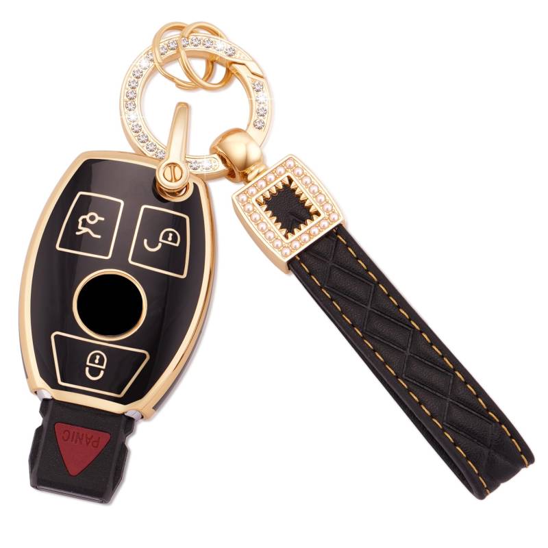 Koaudb Autoschlüssel Hülle Cover Passt für Mercedes Benz A B C E G R S M-Klasse AMG 3 Tasten Schlüsseletui TPU Schlüsselhülle mit Lederanhänger Schlüsselanhänger(BP-Bz-3R) von Koaudb