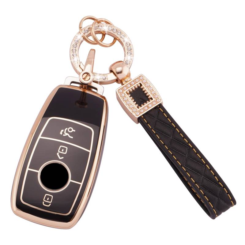 Koaudb Autoschlüssel Hülle Cover Passt für Mercedes Benz A B C E G S SL CLS-Klasse AMG 3 Tasten Schlüsseletui TPU Schlüsselhülle mit Lederanhänger Schlüsselanhänger (BP-Bz-3L) von Koaudb