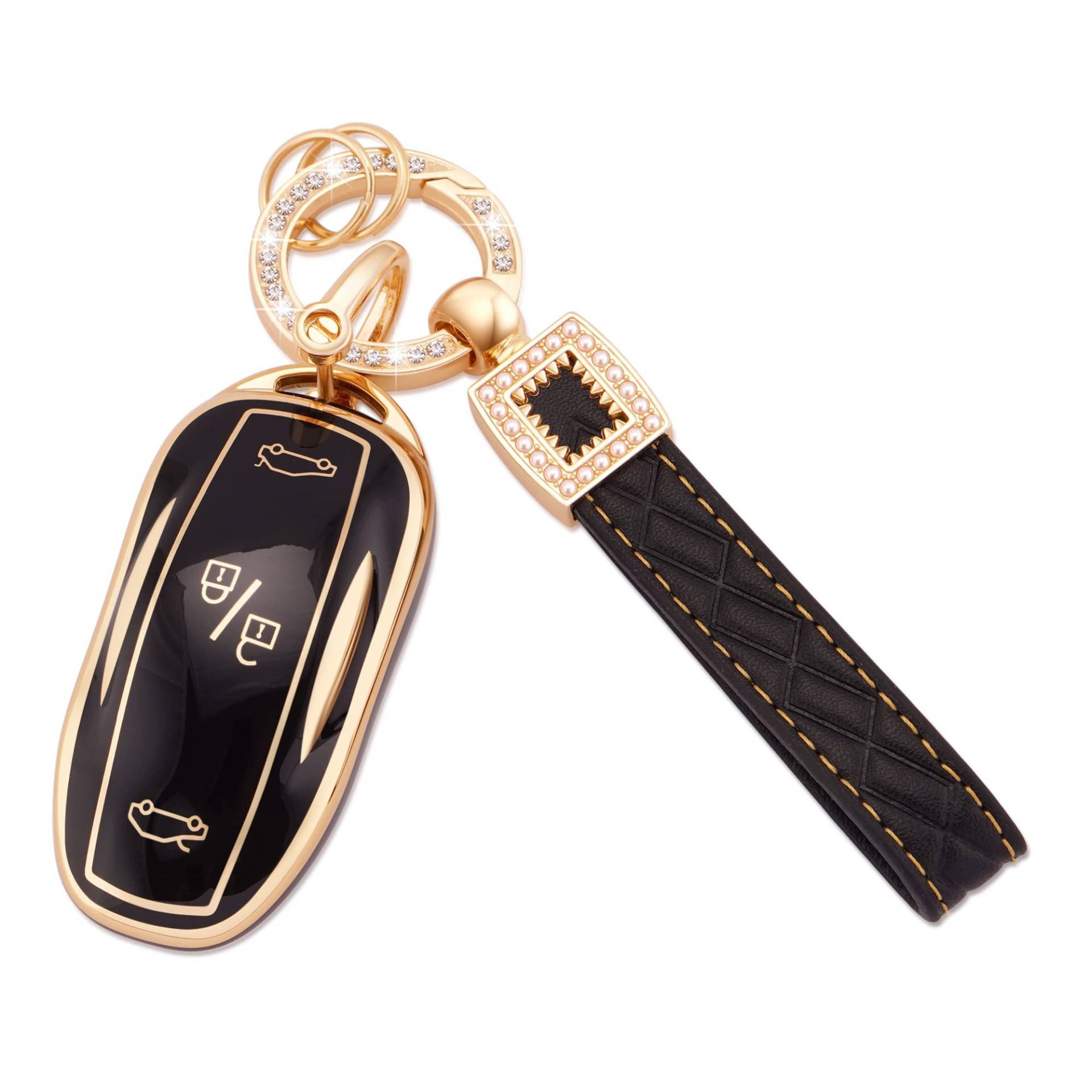 Koaudb Autoschlüssel Hülle Cover Passt für Tesla Model 3 Model S Model Y 3 Tasten Schlüsseletui TPU Schlüsselhülle mit Lederanhänger Schlüsselanhänger (BP-TSL) von Koaudb