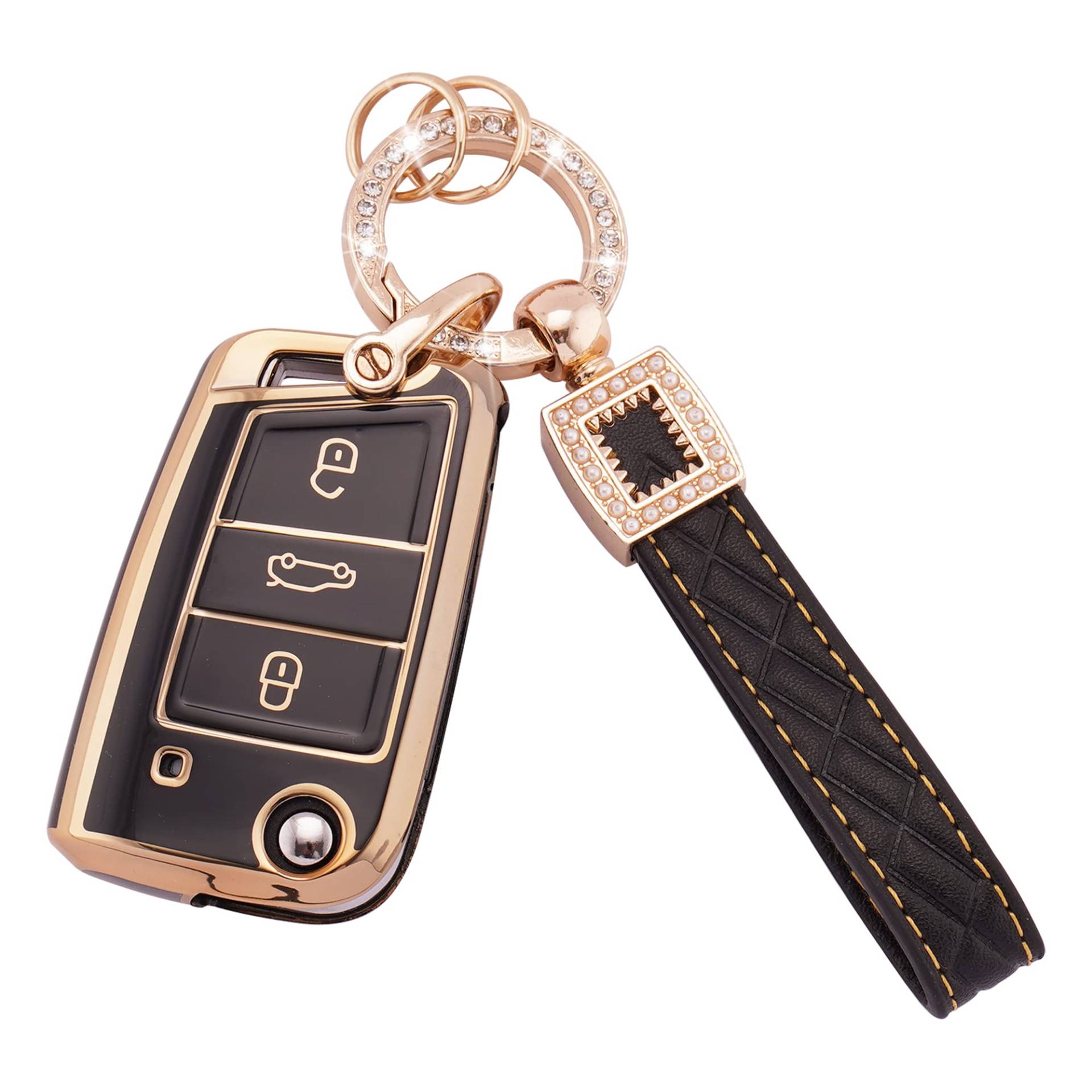Koaudb Autoschlüssel Hülle Cover Passt für VW Golf 7 Polo MK6 Jetta Tiguan Skoda Superb Seat Leon, 3 Tasten Schlüsseletui TPU Schlüsselhülle mit Lederanhänger Schlüsselanhänger (BP-Vlw-3B) von Koaudb