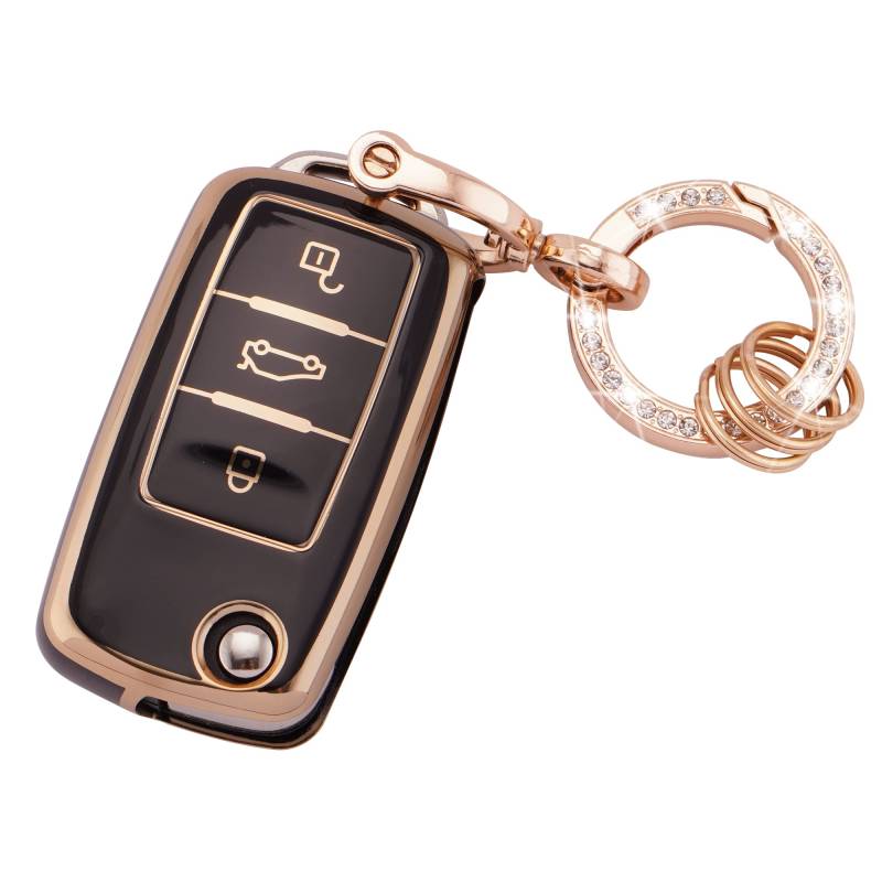 Koaudb Autoschlüssel Hülle Cover Passt für VW Volkswagen Tiguan Passat Golf Polo Beetle Jetta Touran EOS, 3 Tasten Schlüsseletui TPU Schlüsselhülle mit Schlüsselanhänger (R-Vlw-3S-B) von Koaudb