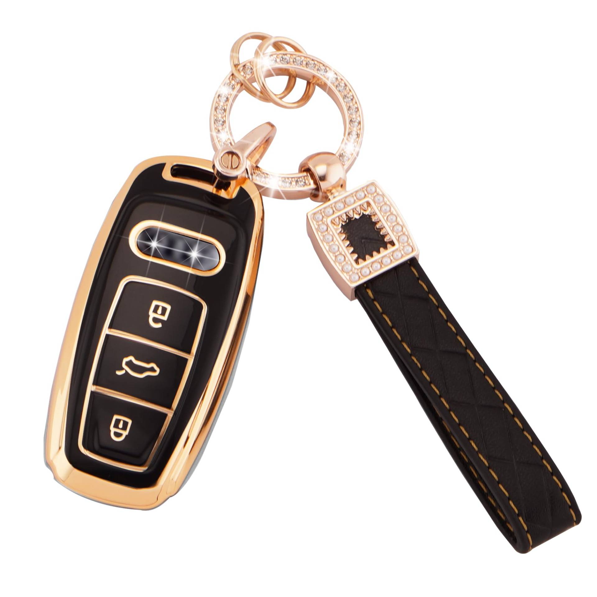 Koaudb Autoschlüssel Hülle für Audi A6 A6L A7 A8 A8L Q7 Q8 S6 S7 SQ7 SQ8 RS6 RS7 E-Tron Schlüsselhülle Soft TPU Schlüsselkoffer Schalen 3 Knöpfe mit Leder-Schlüsselanhänger Schwarz Gold (BP-Ad-3L) von Koaudb