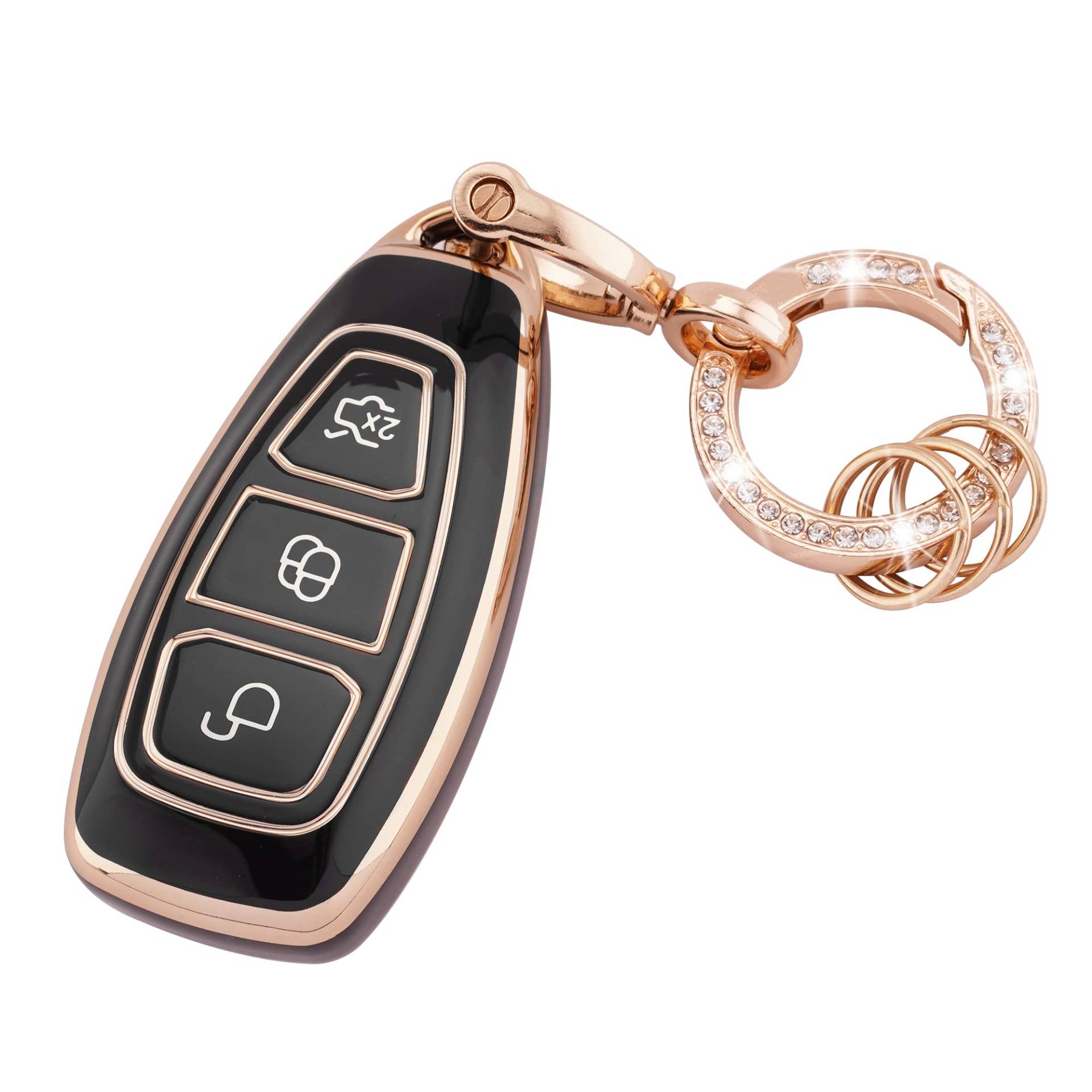 Koaudb Autoschlüssel Hülle Cover Passt für Ford Fiesta Focus C-Max Galaxy B-Max Grand C-Max Kuga Mondeo S-Max 3 Tasten Schlüsseletui TPU Schlüsselhülle mit Schlüsselanhänger (R-Frd-3-B) von Koaudb