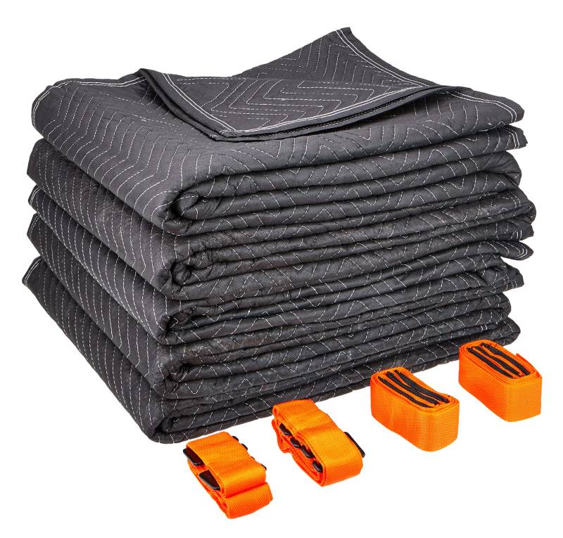 Kortpack Set von 5 Umzugsfirmenqualität Möbelpackdecken ca 520g/m² - Schwarz, 183x203cm + 1 x Gratis Tragegurte Umzug Transportgurt von Kortpack