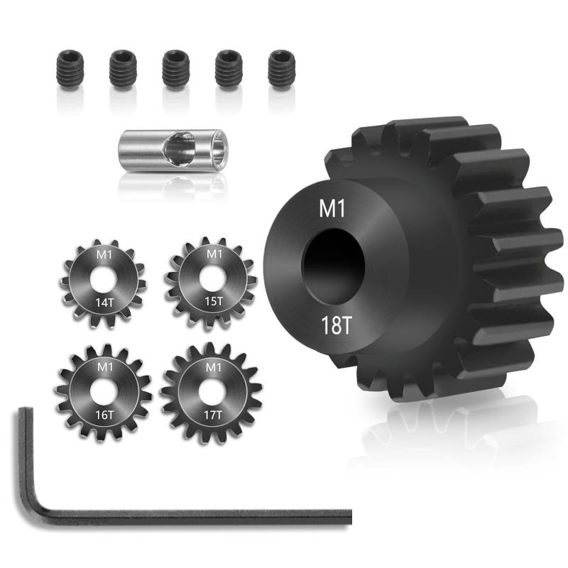 Kueohse Ritzelsatz 5-Teilig, 14T 15T 16T 17T 18T M1 Ritzel Aus Metall Aus Gehärtetem Stahl, Passend für 5 mm RC-Motorwelle mit Sechskantschlüssel von Kueohse