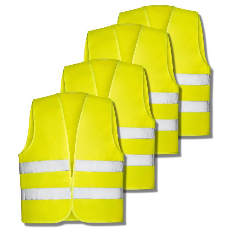 Kuglo Albrecht Auto Warnwesten 4 Stück gelb EN ISO 20471 - PKW Pannenweste 2022 Unfallweste Sicherheitsweste Neongelb reflektierend LKW, Motorrad, Baustellenfahrzeuge von Kuglo