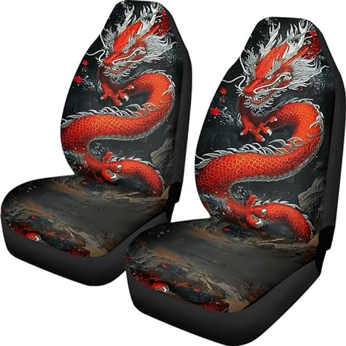 Kuiaobaty Autositzbezug mit rotem orientalischen Drachen, 2 Stück, traditioneller chinesischer Drachen-Druck, LKW-Sitzbezug, Schutzfolie, rutschfest von Kuiaobaty