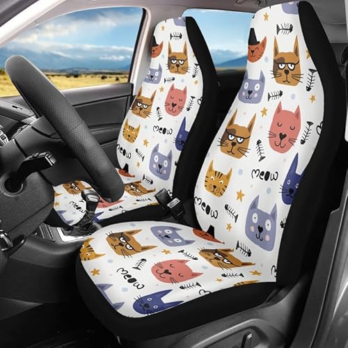 Kuiaobaty Kawaii Katzen 2 Paar Auto Sitzbezüge Set Solide Schwarz für Auto LKW SUV, Cat Print Vordersitz Autositzschoner Abdeckung Universal Fit von Kuiaobaty